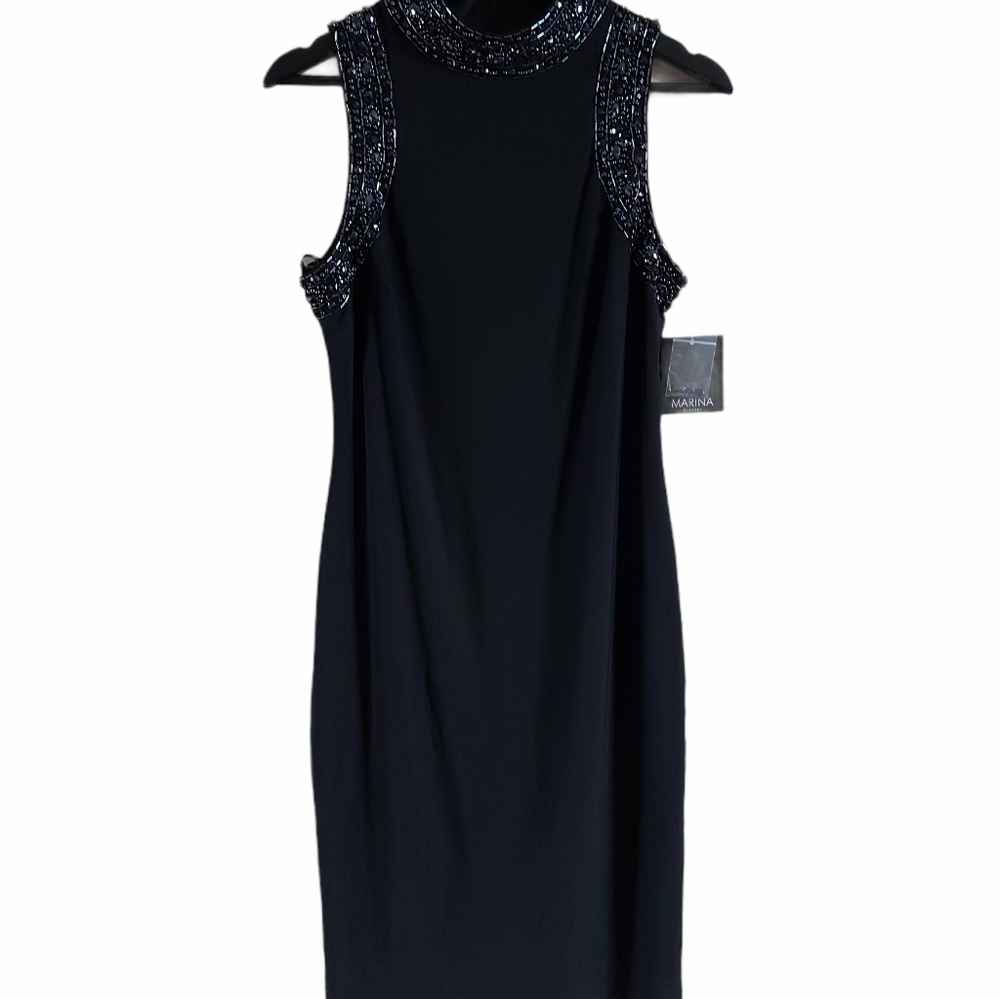 Marina sleeveless high neck beaded sheath dress